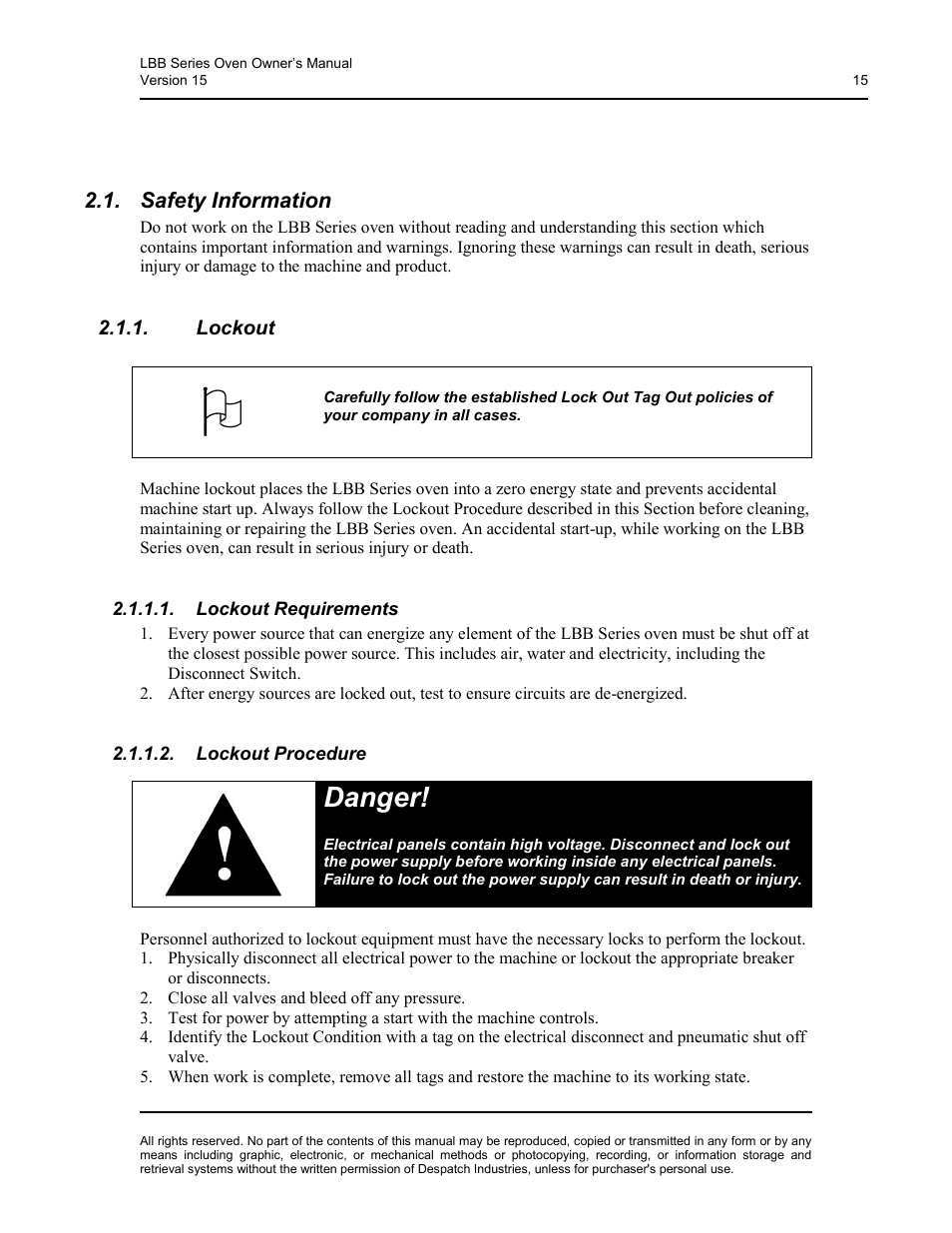 Safety, Safety information, Lockout | Lockout requirements, Lockout procedure, Danger | Despatch LBB2-xxA/B-1 User Manual | Page 15 / 75