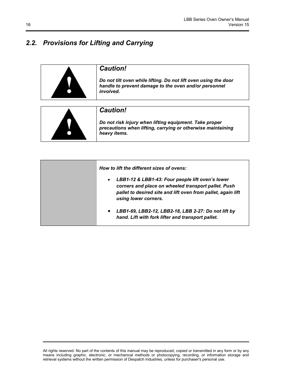 Provisions for lifting and carrying, Caution | Despatch LBB2-xxA/B-1 User Manual | Page 16 / 75