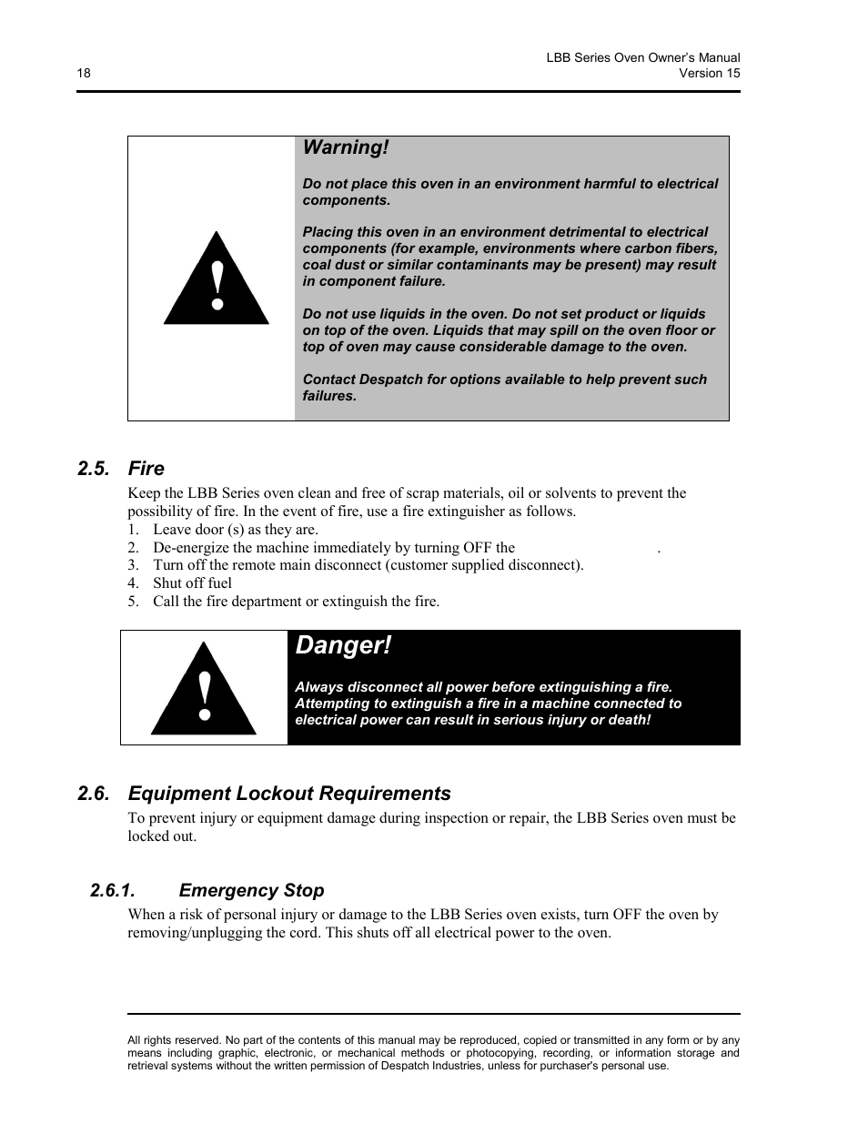 Fire, Equipment lockout requirements, Emergency stop | Danger, Warning | Despatch LBB2-xxA/B-1 User Manual | Page 18 / 75