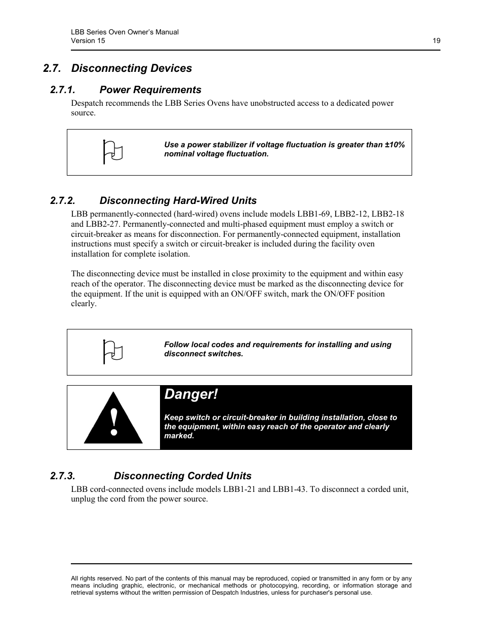 Disconnecting devices, Power requirements, Disconnecting hard-wired units | Disconnecting corded units, Danger | Despatch LBB2-xxA/B-1 User Manual | Page 19 / 75