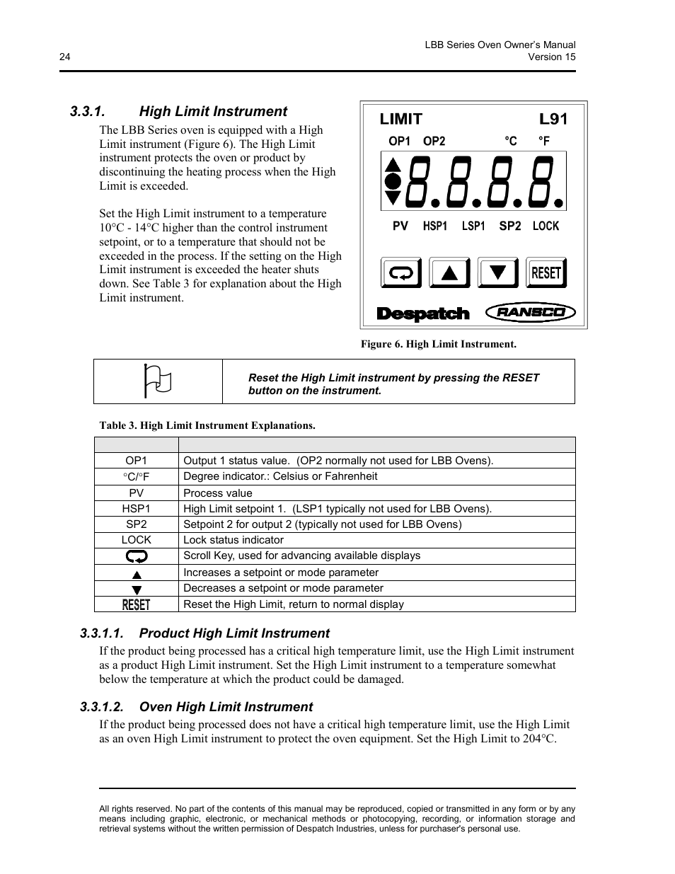 High limit instrument, Table 3. high limit instrument explanations, Product high limit instrument | Oven high limit instrument | Despatch LBB2-xxA/B-1 User Manual | Page 24 / 75