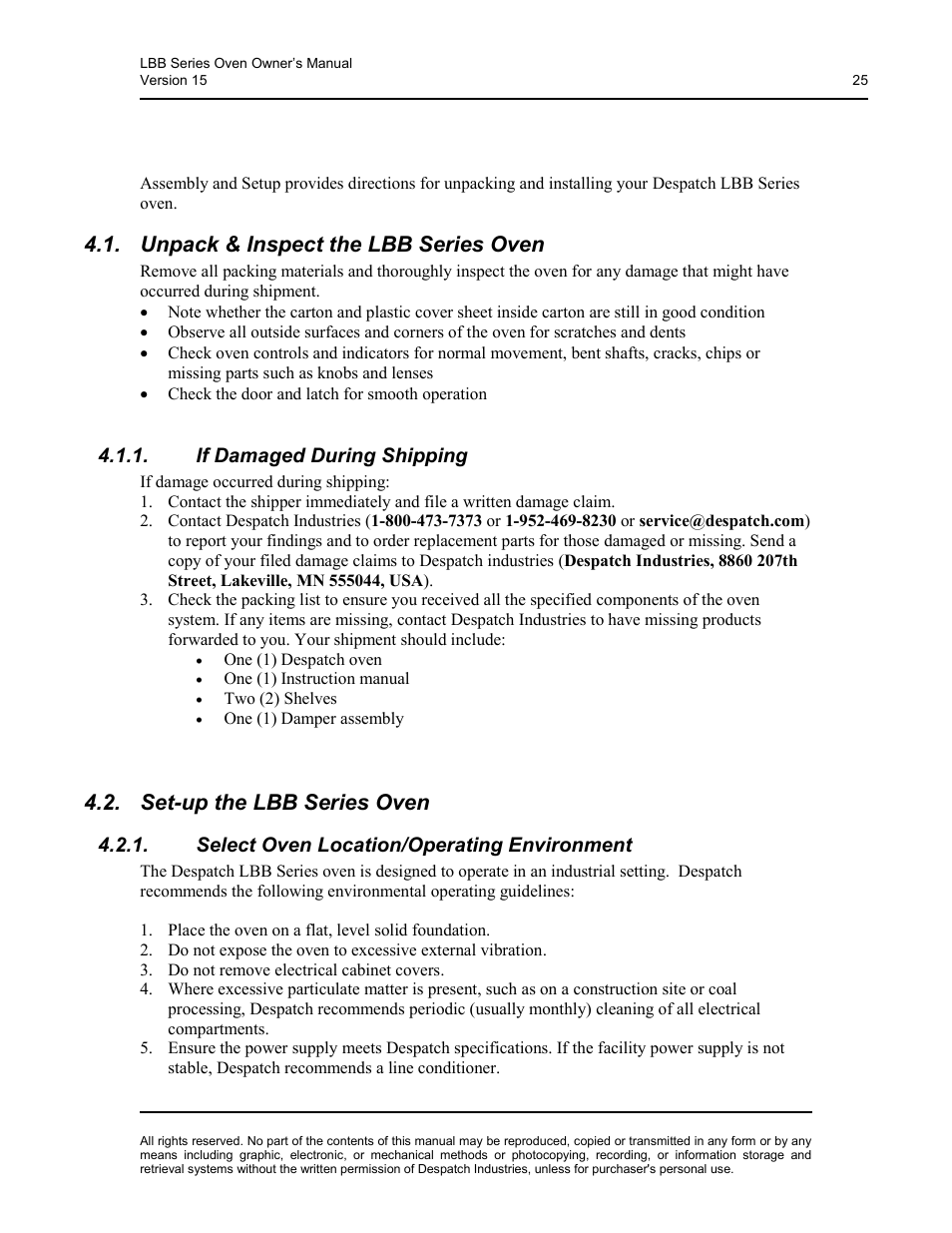 Assembly & setup, Unpack & inspect the lbb series oven, If damaged during shipping | Set-up the lbb series oven, Select oven location/operating environment | Despatch LBB2-xxA/B-1 User Manual | Page 25 / 75