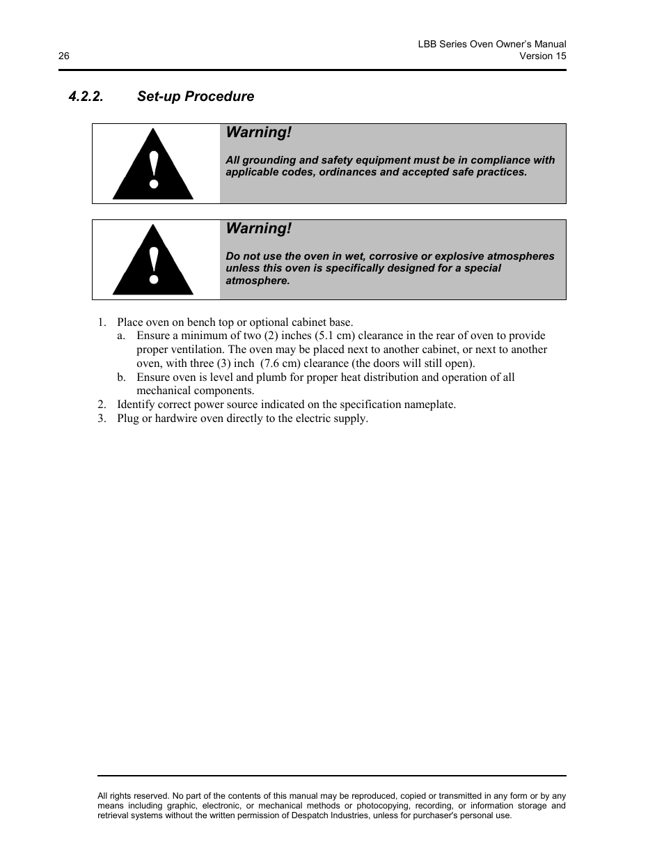 Set-up procedure, Warning | Despatch LBB2-xxA/B-1 User Manual | Page 26 / 75