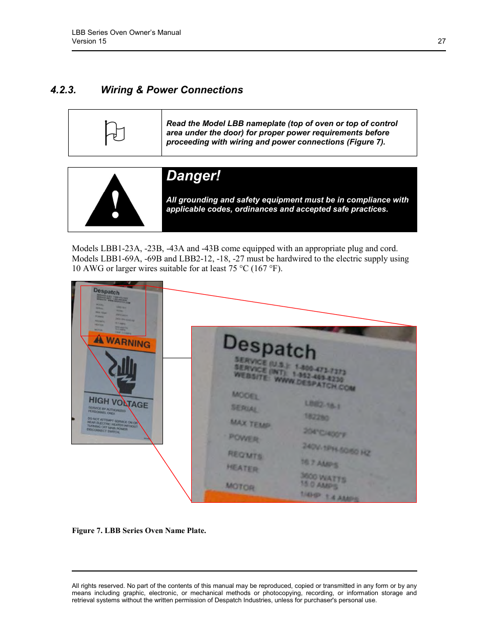 Wiring & power connections, Danger | Despatch LBB2-xxA/B-1 User Manual | Page 27 / 75