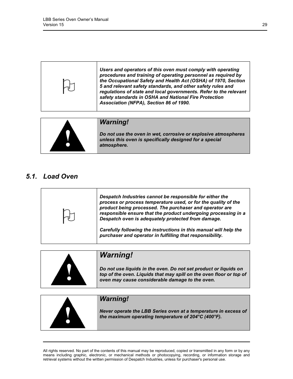 Operation, Load oven, Warning | Despatch LBB2-xxA/B-1 User Manual | Page 29 / 75