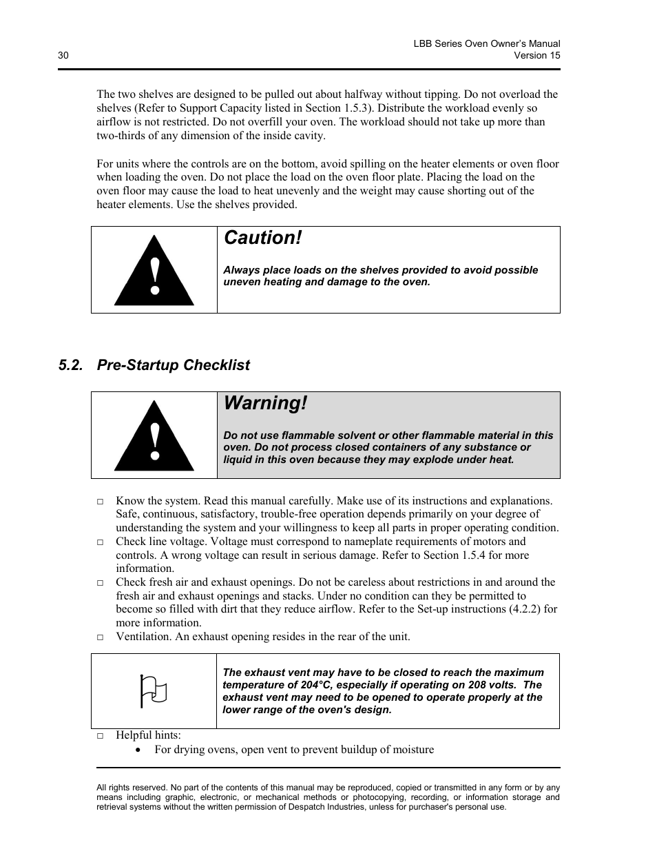 Pre-startup checklist, Caution, Warning | Despatch LBB2-xxA/B-1 User Manual | Page 30 / 75