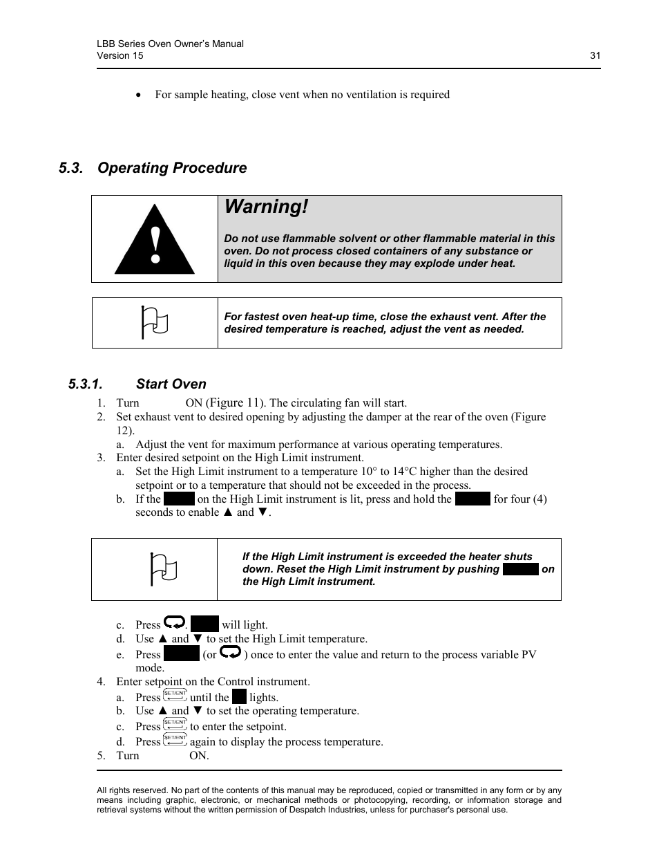 Operating procedure, Start oven, Warning | Despatch LBB2-xxA/B-1 User Manual | Page 31 / 75