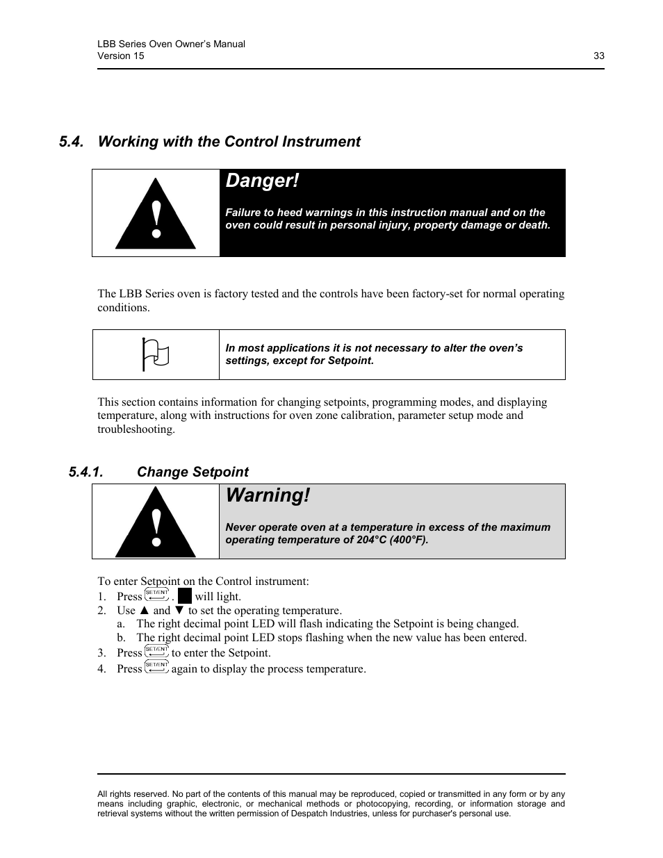 Working with the control instrument, Change setpoint, Danger | Warning | Despatch LBB2-xxA/B-1 User Manual | Page 33 / 75