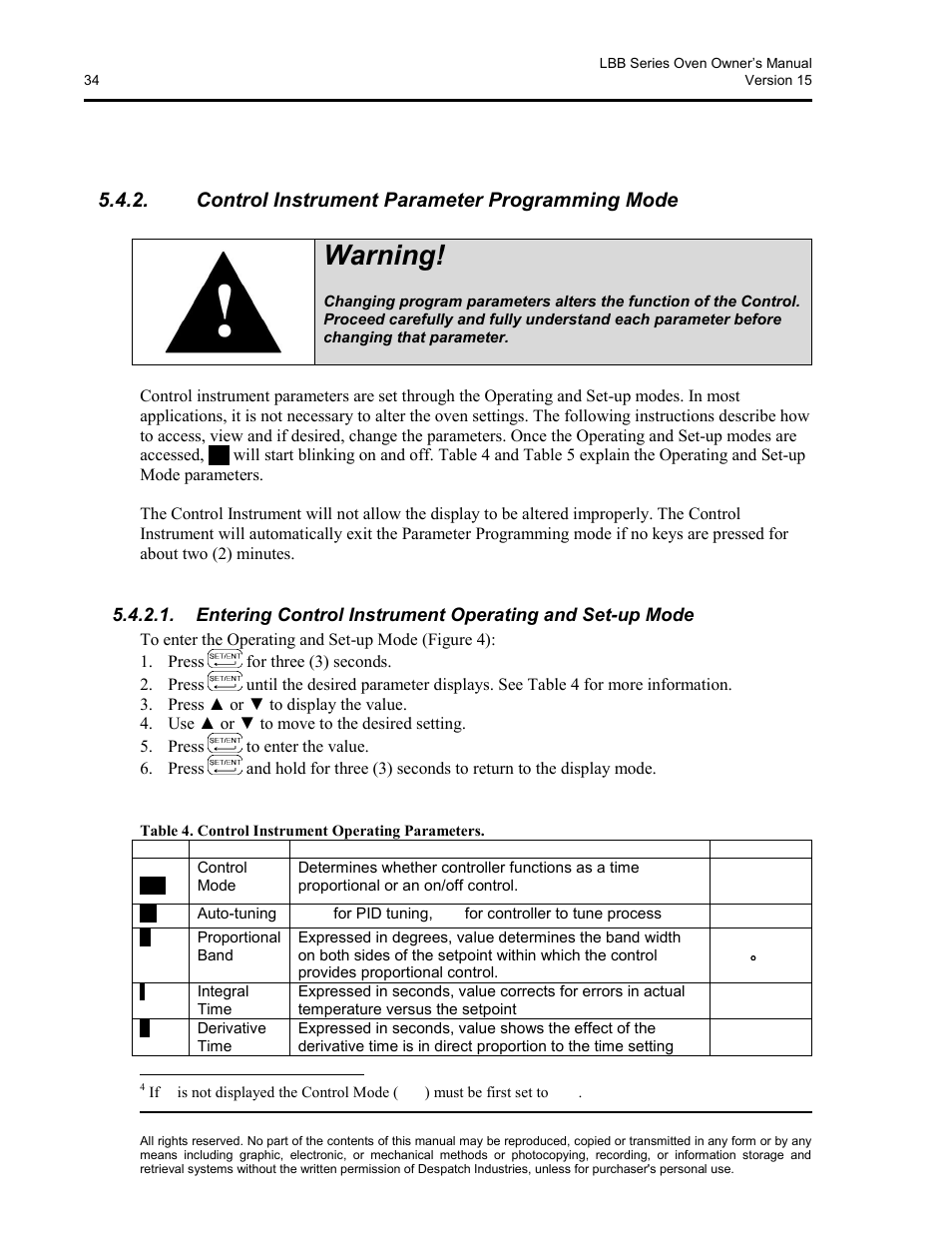 Control instrument parameter programming mode, Table 4. control instrument operating parameters, Warning | Despatch LBB2-xxA/B-1 User Manual | Page 34 / 75