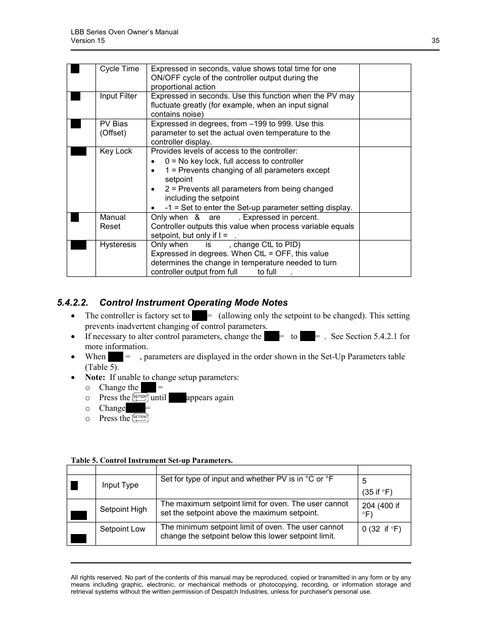 Control instrument operating mode notes, Table 5. control instrument set-up parameters, D table 5 ex | Despatch LBB2-xxA/B-1 User Manual | Page 35 / 75