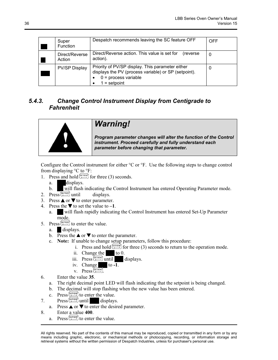 Warning | Despatch LBB2-xxA/B-1 User Manual | Page 36 / 75