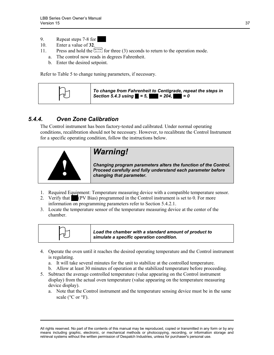 Oven zone calibration, Warning | Despatch LBB2-xxA/B-1 User Manual | Page 37 / 75