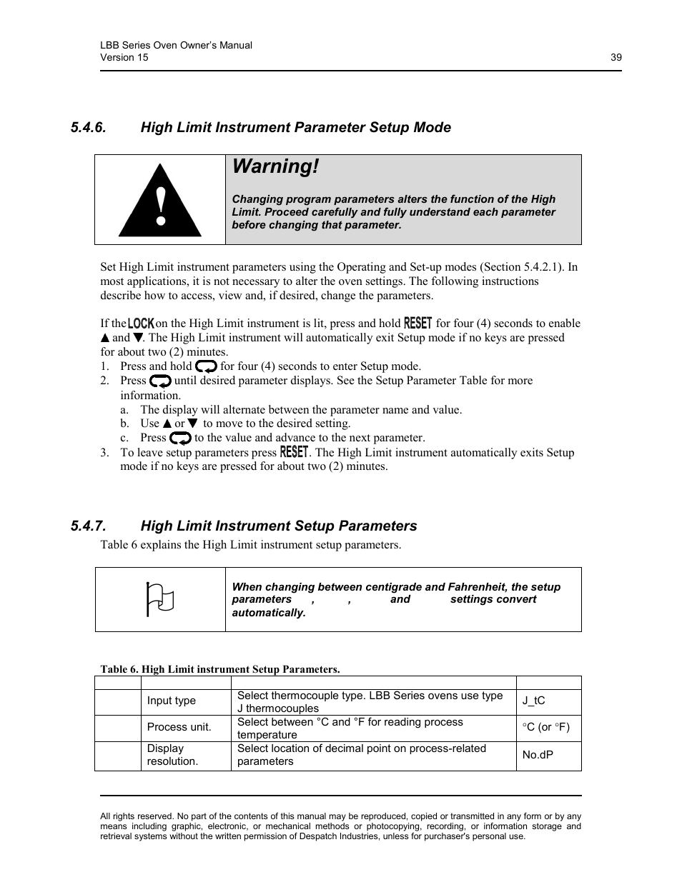 High limit instrument parameter setup mode, High limit instrument setup parameters, Table 6. high limit instrument setup parameters | Warning | Despatch LBB2-xxA/B-1 User Manual | Page 39 / 75