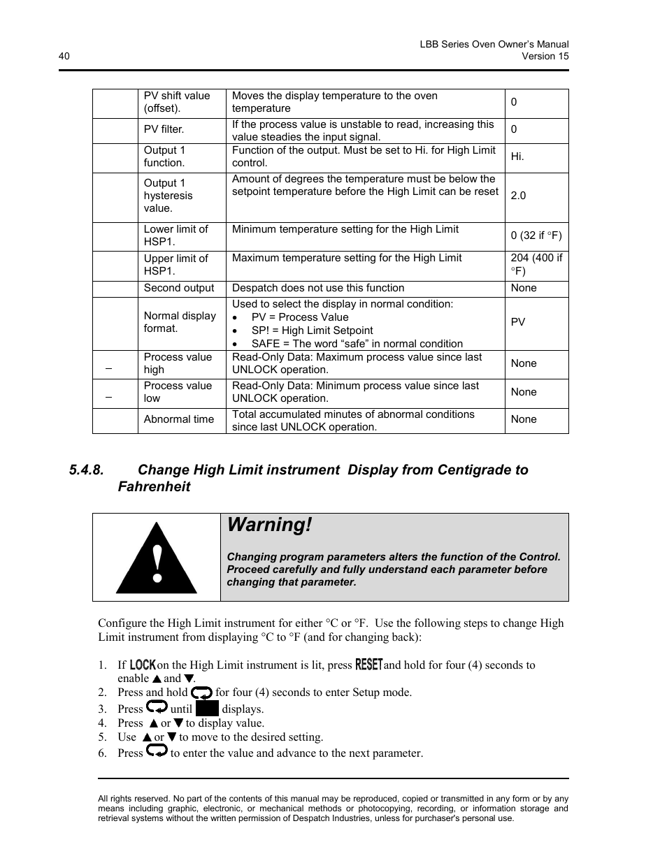 Warning | Despatch LBB2-xxA/B-1 User Manual | Page 40 / 75