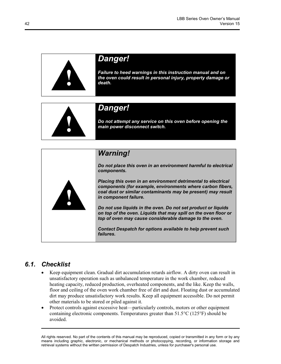 Maintenance, Checklist, Danger | Warning | Despatch LBB2-xxA/B-1 User Manual | Page 42 / 75