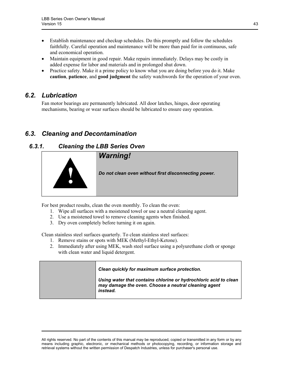 Lubrication, Cleaning and decontamination, Cleaning the lbb series oven | Warning | Despatch LBB2-xxA/B-1 User Manual | Page 43 / 75