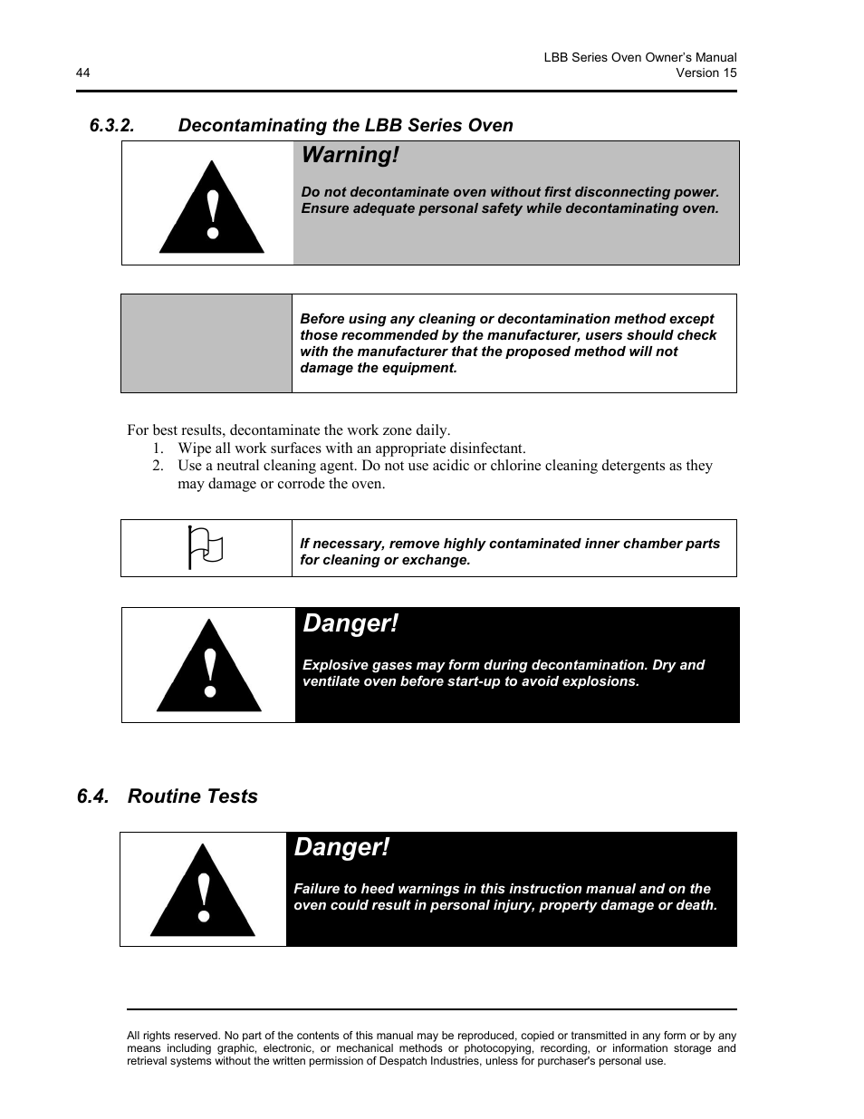 Decontaminating the lbb series oven, Routine tests, Danger | Warning | Despatch LBB2-xxA/B-1 User Manual | Page 44 / 75