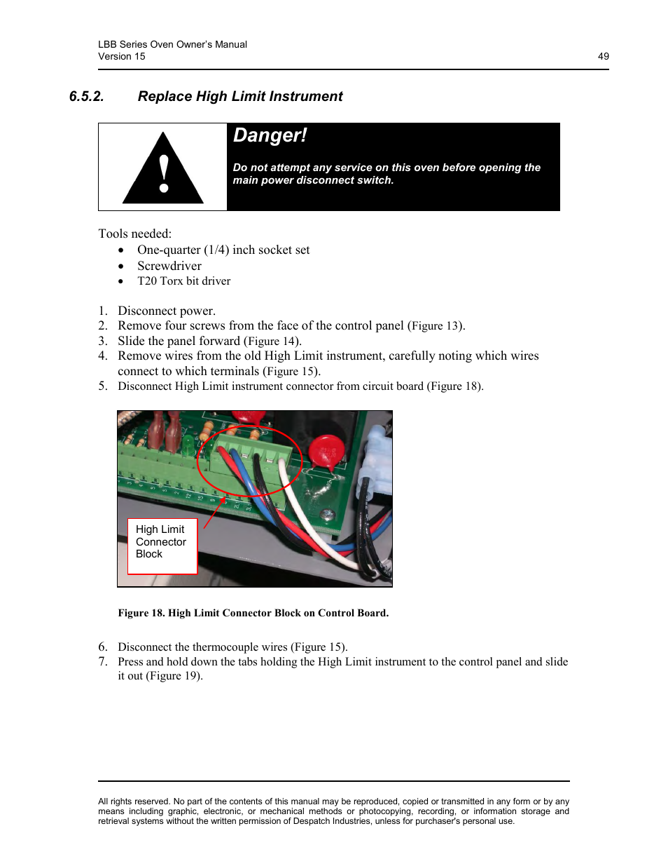 Replace high limit instrument, Danger | Despatch LBB2-xxA/B-1 User Manual | Page 49 / 75