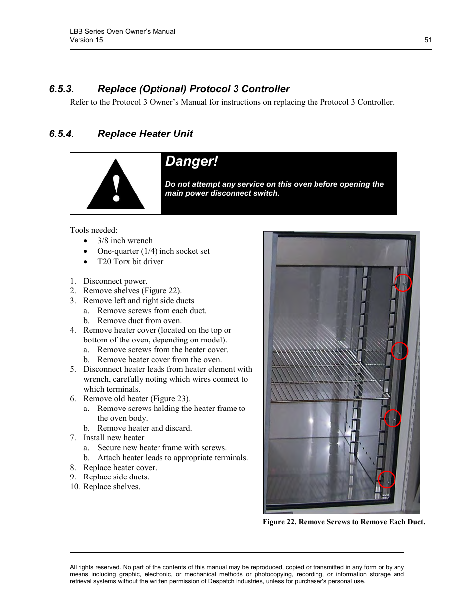 Replace (optional) protocol 3 controller, Replace heater unit, Danger | Despatch LBB2-xxA/B-1 User Manual | Page 51 / 75