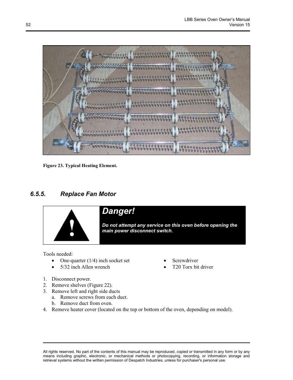 Replace fan motor, Danger | Despatch LBB2-xxA/B-1 User Manual | Page 52 / 75