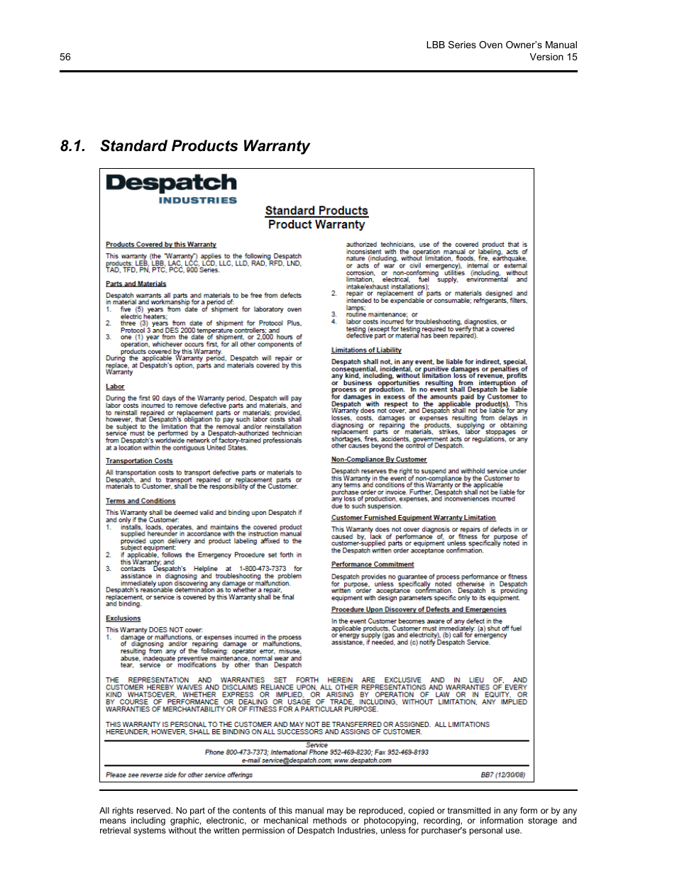 Appendices, Standard products warranty | Despatch LBB2-xxA/B-1 User Manual | Page 56 / 75