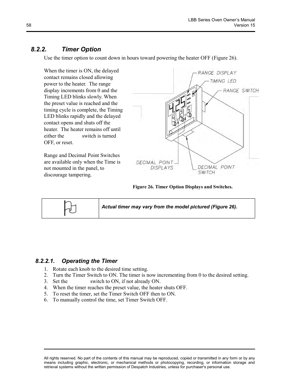 Timer option, Operating the timer | Despatch LBB2-xxA/B-1 User Manual | Page 58 / 75