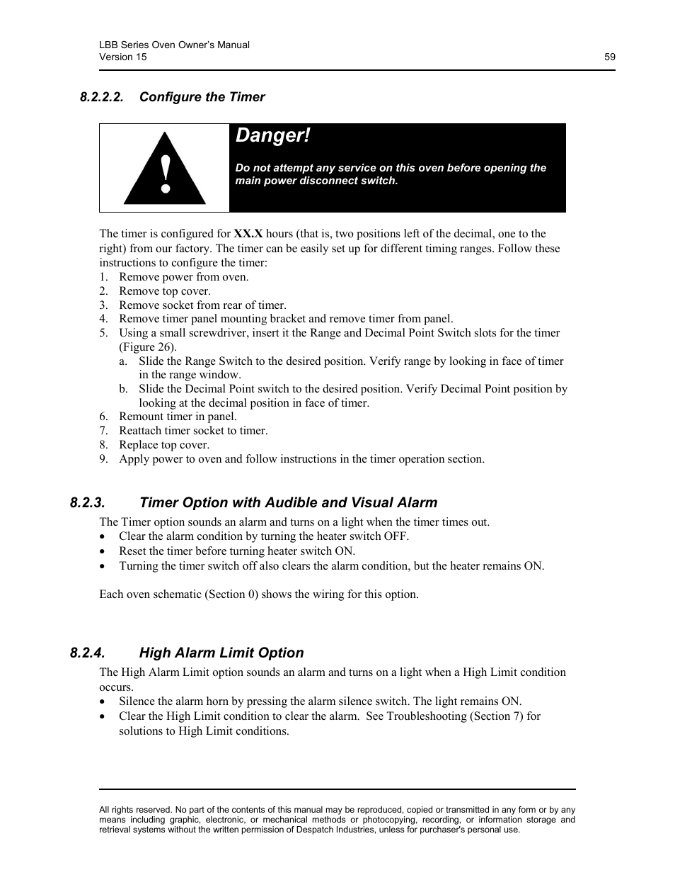 Configure the timer, Timer option with audible and visual alarm, High alarm limit option | Danger | Despatch LBB2-xxA/B-1 User Manual | Page 59 / 75