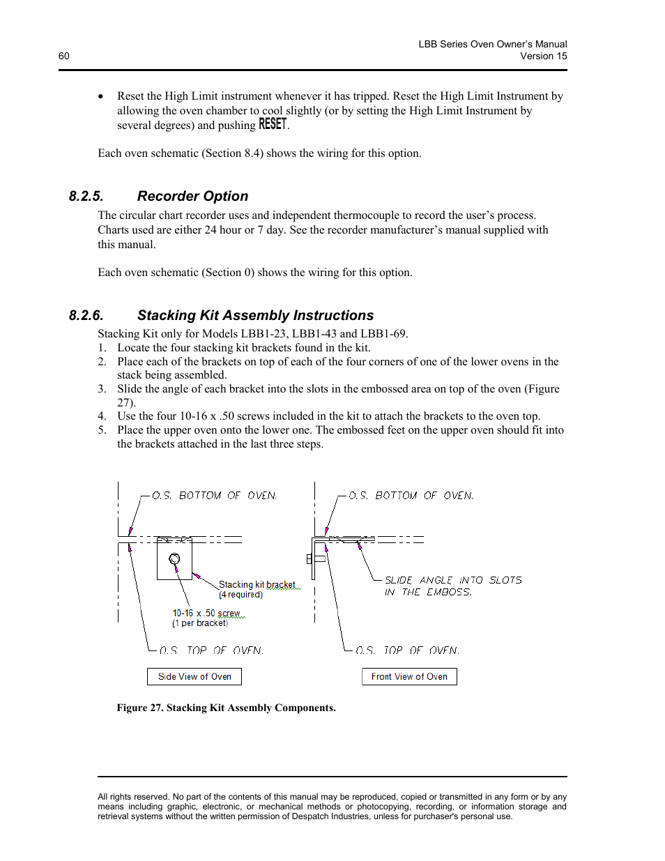 Recorder option, Stacking kit assembly instructions | Despatch LBB2-xxA/B-1 User Manual | Page 60 / 75