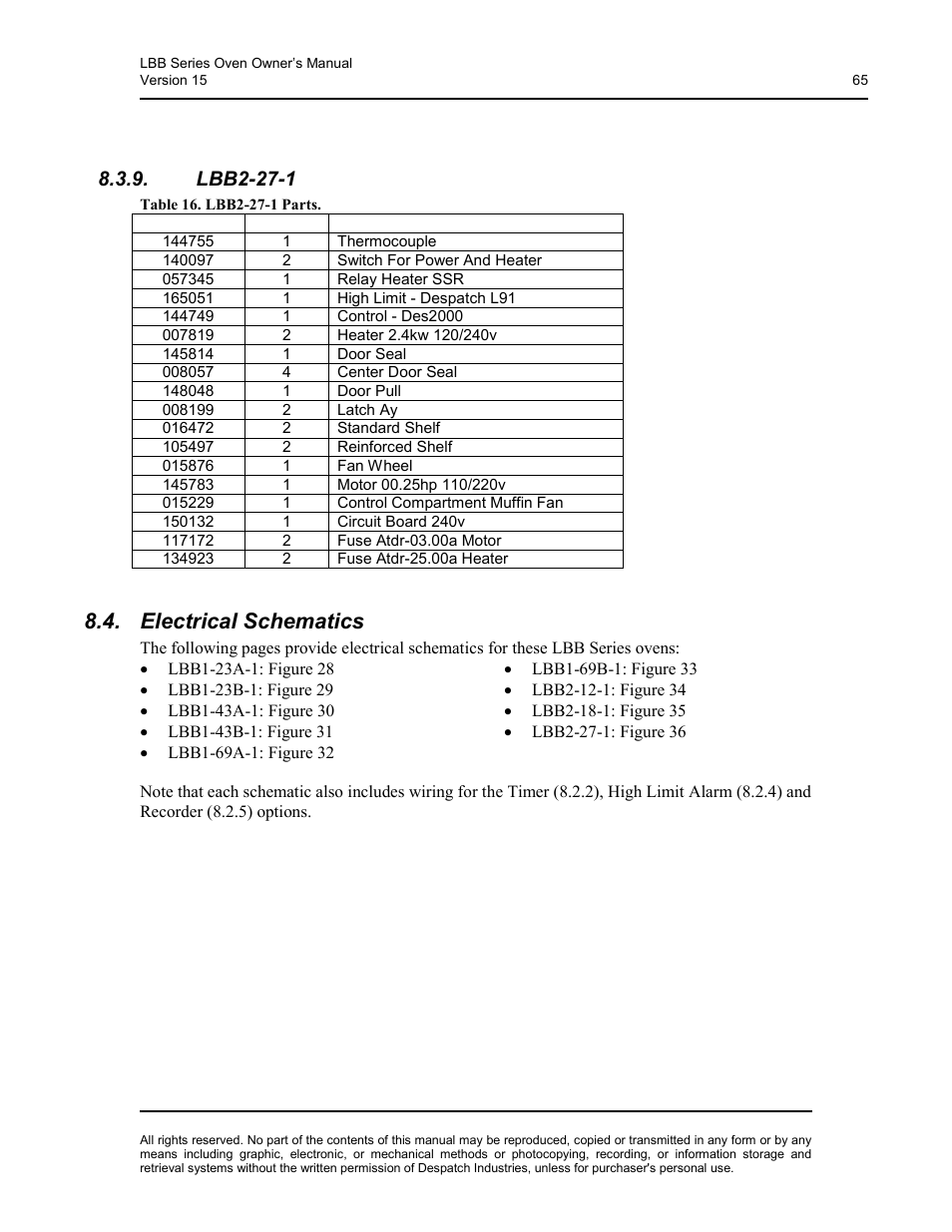 Lbb2-27-1, Table 16. lbb2-27-1 parts, Electrical schematics | Despatch LBB2-xxA/B-1 User Manual | Page 65 / 75