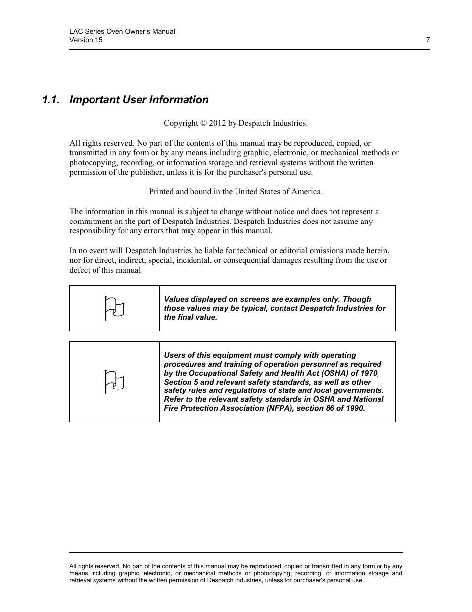 About this manual, Important user information, Copyright © 2012 by despatch industries | Printed and bound in the united states of america | Despatch LBB2-xxA/B-1 User Manual | Page 7 / 75