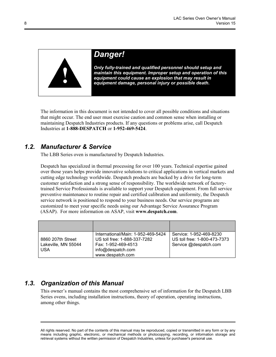 Manufacturer & service, Organization of this manual, Danger | Despatch LBB2-xxA/B-1 User Manual | Page 8 / 75