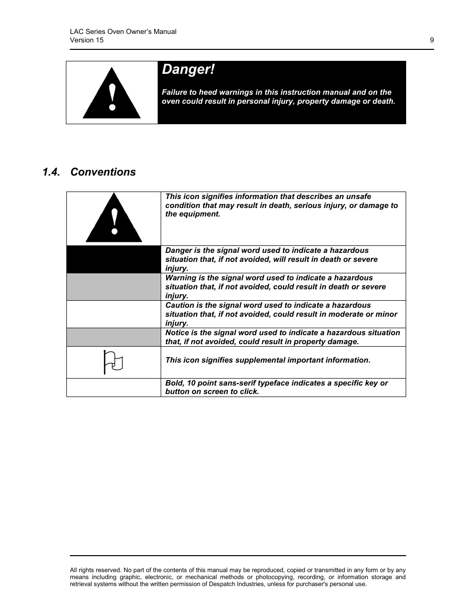 Conventions, Danger, Warning | Caution | Despatch LBB2-xxA/B-1 User Manual | Page 9 / 75