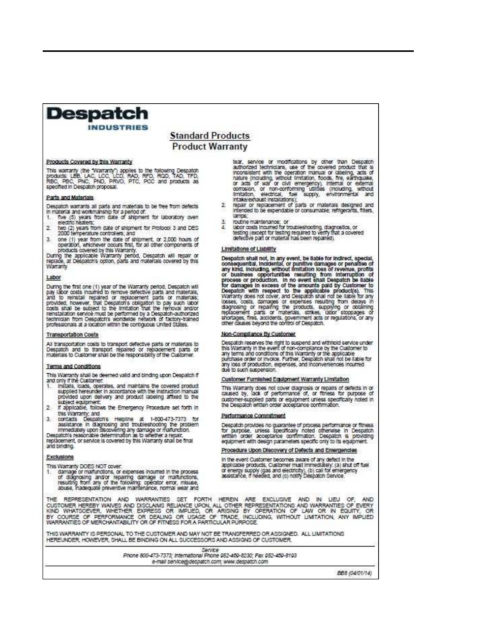 Appendices, Standard products warranty | Despatch LBB2-xxA/B-2 User Manual | Page 58 / 74