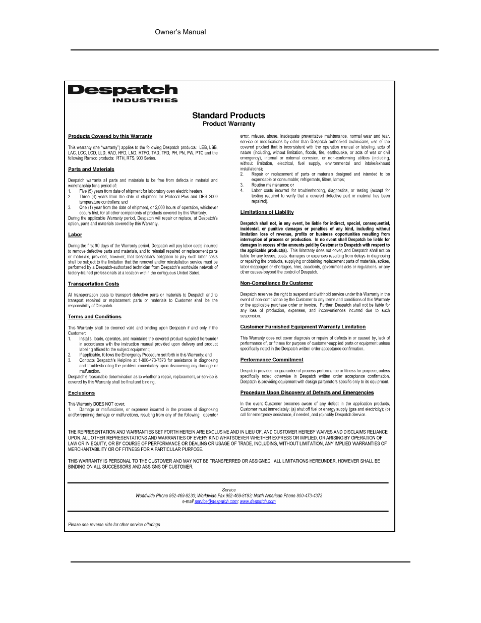 Standard products warranty | Despatch Stackable LCC/LCD User Manual | Page 47 / 69
