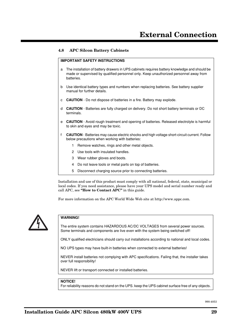 External connection | APC SILCON 990-4053 User Manual | Page 29 / 76