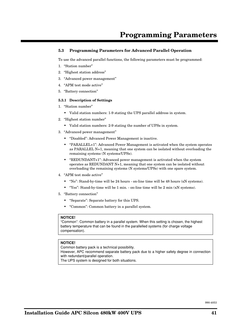 Programming parameters | APC SILCON 990-4053 User Manual | Page 41 / 76