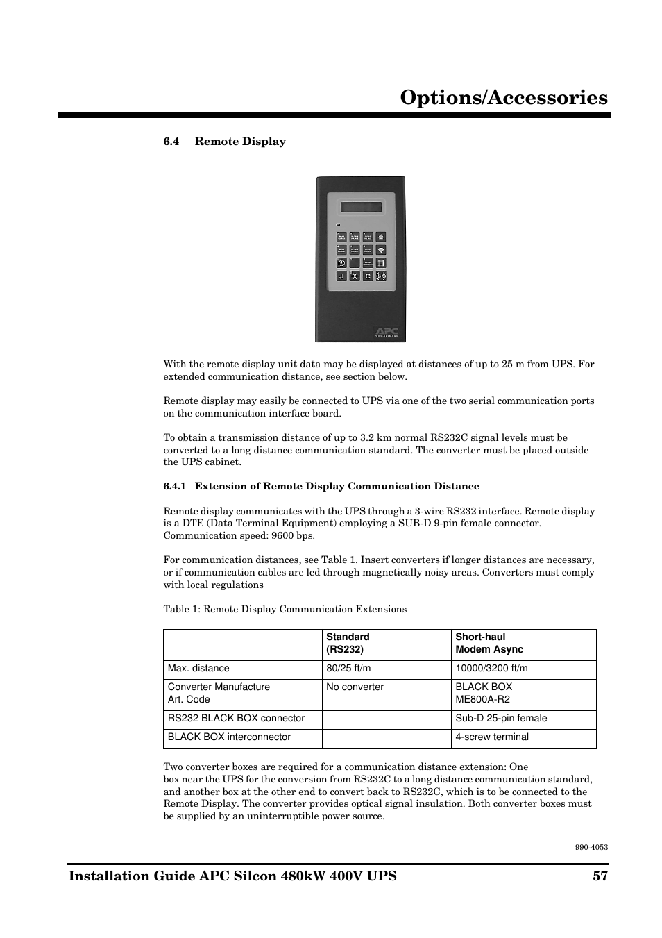 Options/accessories | APC SILCON 990-4053 User Manual | Page 57 / 76