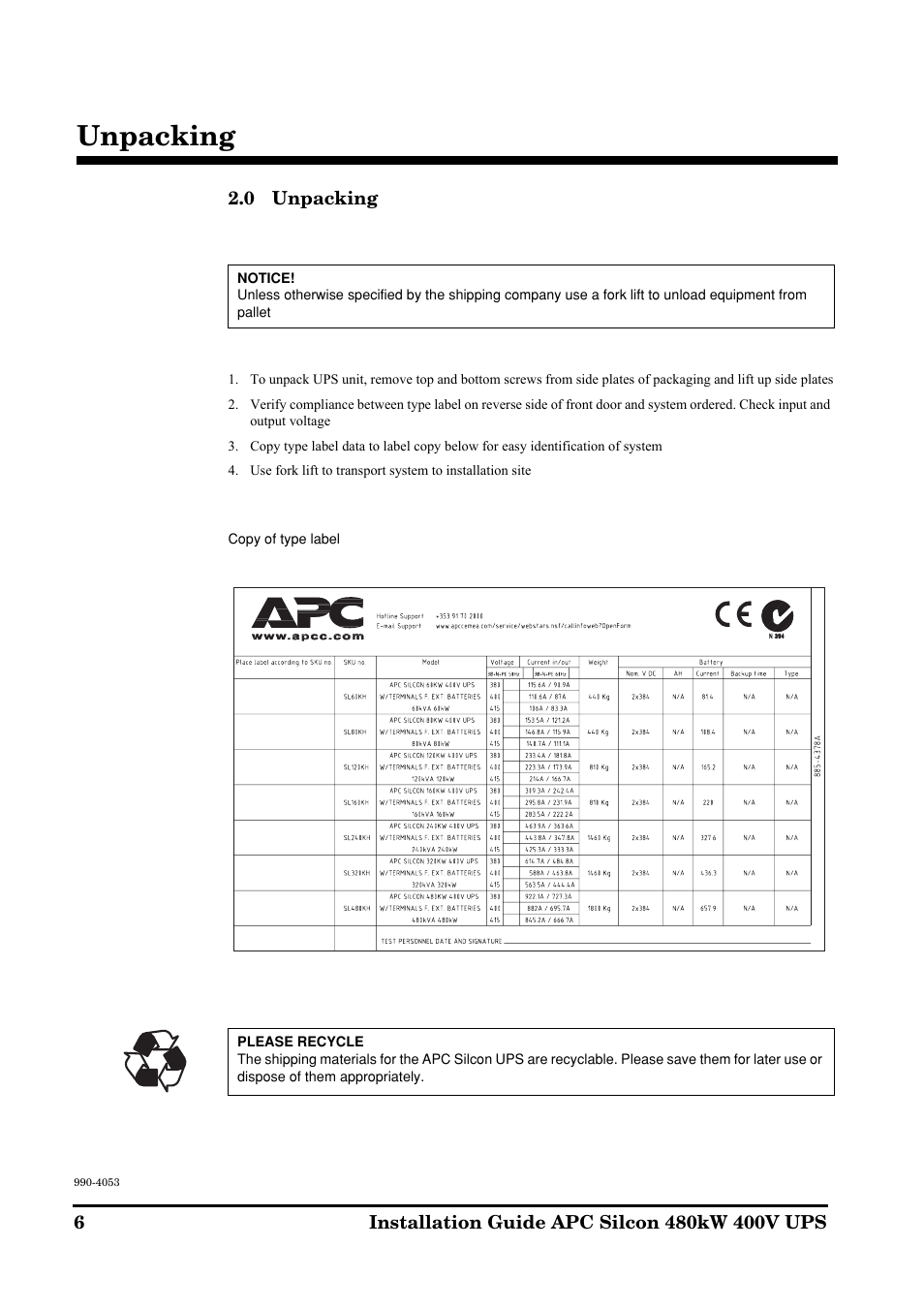 Unpacking | APC SILCON 990-4053 User Manual | Page 6 / 76