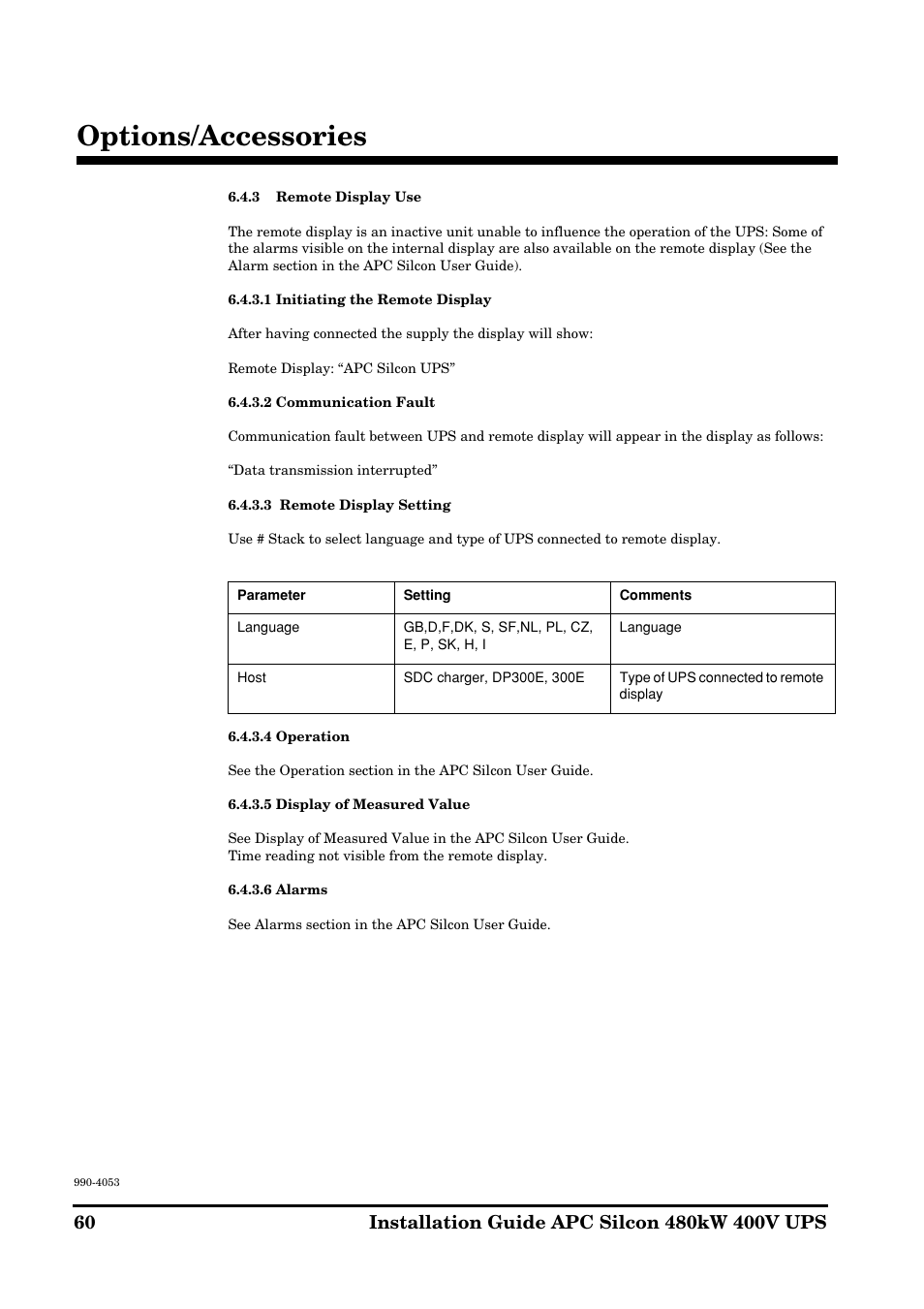 Options/accessories | APC SILCON 990-4053 User Manual | Page 60 / 76