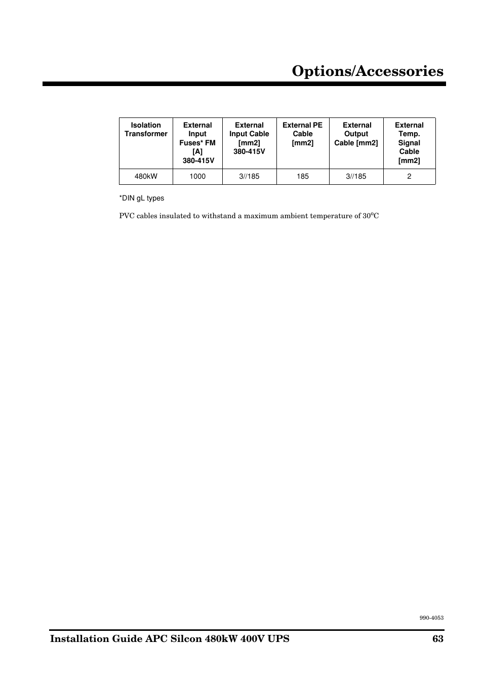 Options/accessories | APC SILCON 990-4053 User Manual | Page 63 / 76