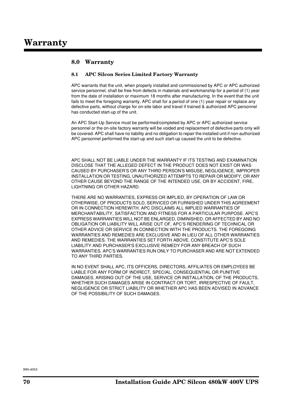 Warranty | APC SILCON 990-4053 User Manual | Page 70 / 76