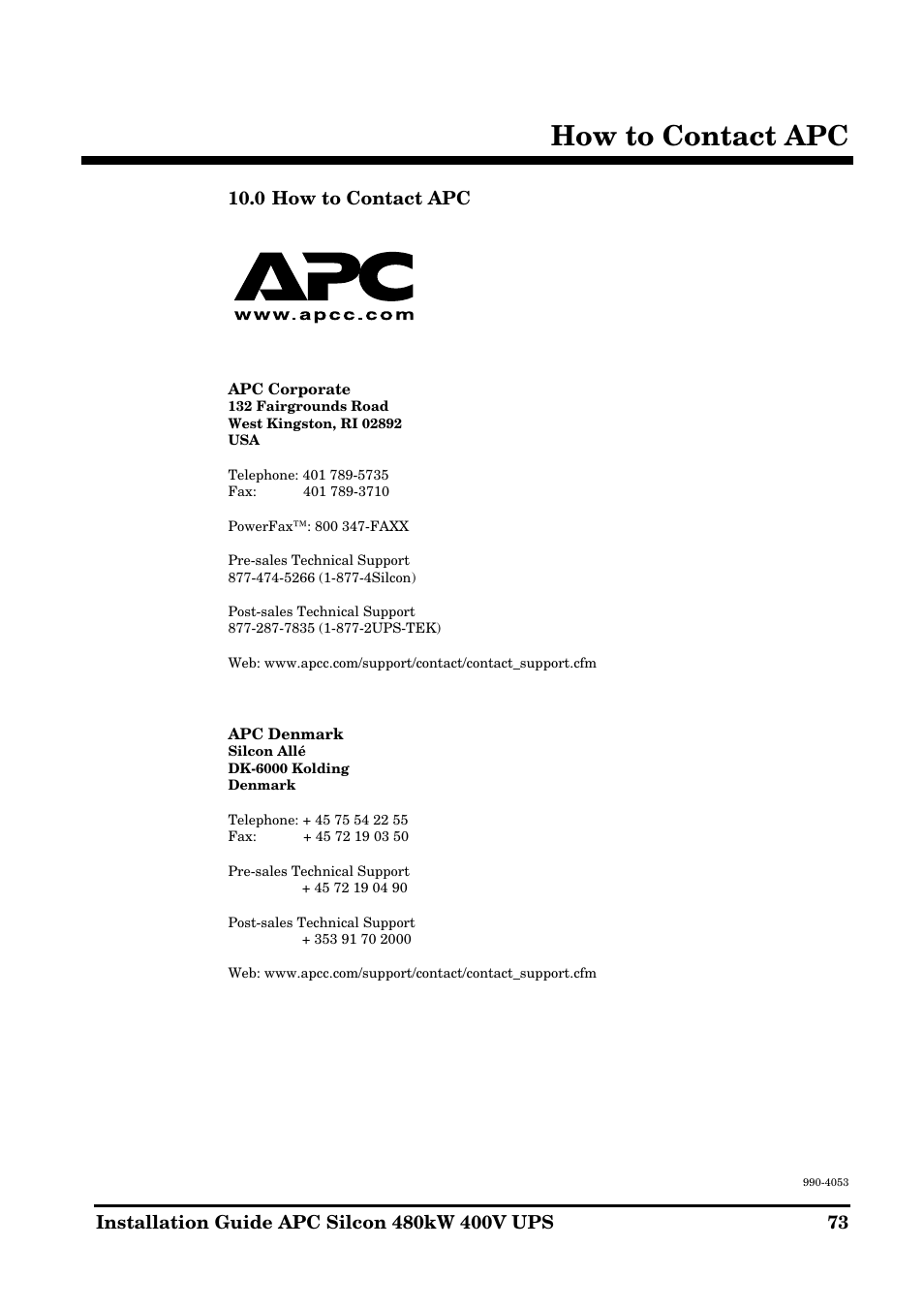 How to contact apc | APC SILCON 990-4053 User Manual | Page 73 / 76
