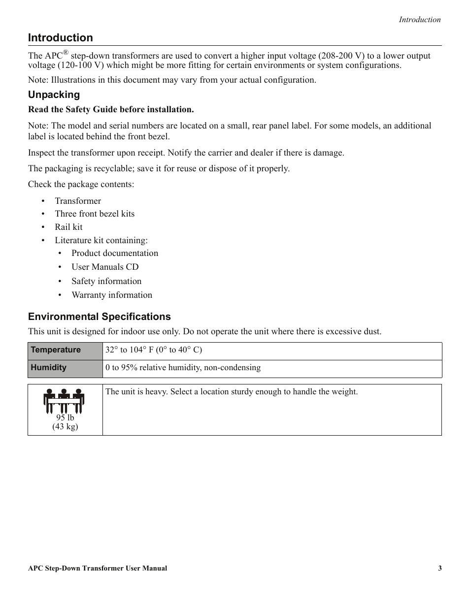 Introduction | APC Step-Down Transformer AP9628 User Manual | Page 3 / 10