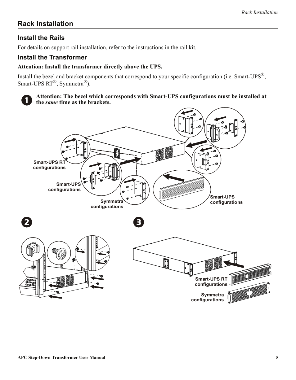 Rack installation, Install the rails, Install the transformer | APC Step-Down Transformer AP9628 User Manual | Page 5 / 10