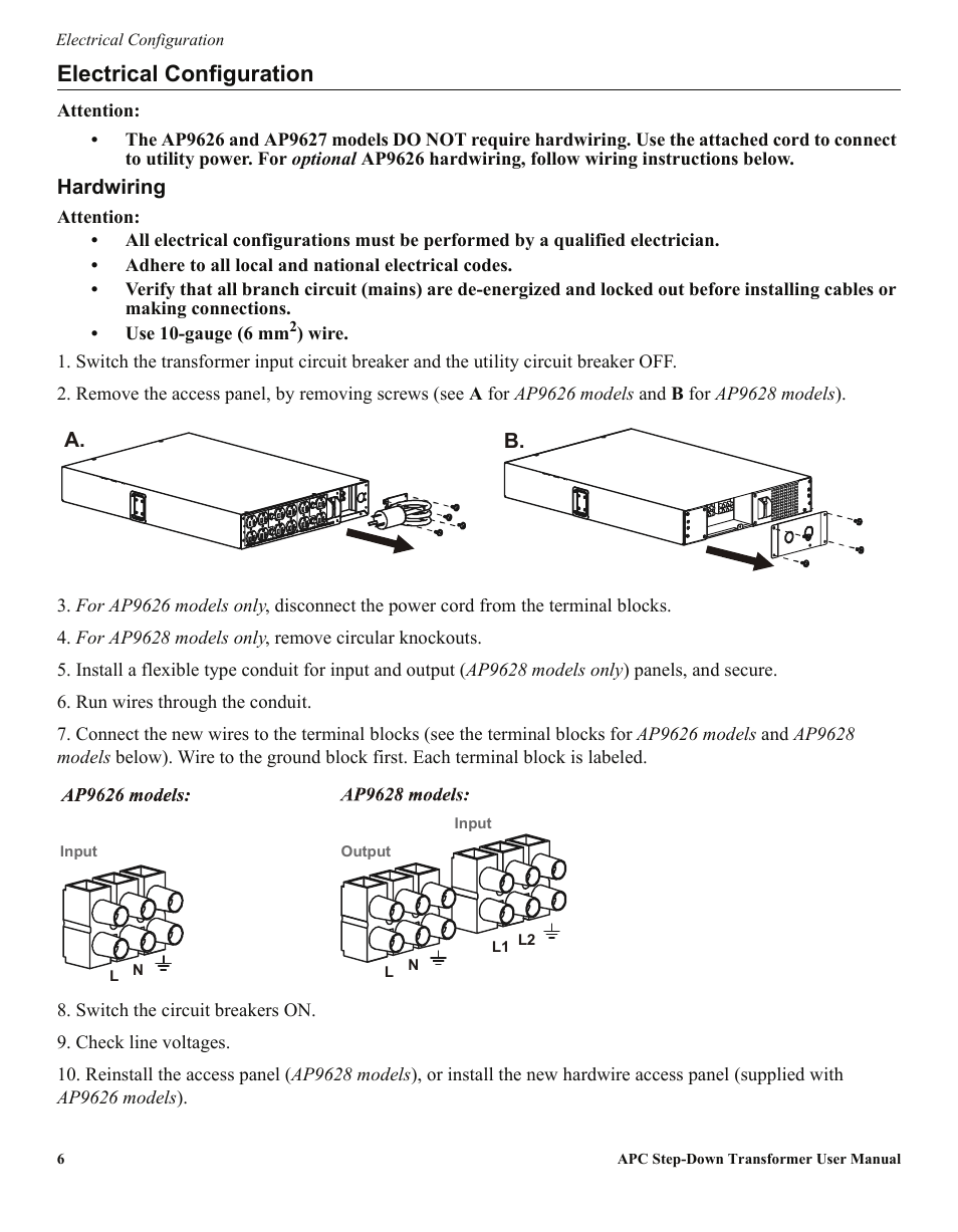 Electrical configuration | APC Step-Down Transformer AP9628 User Manual | Page 6 / 10