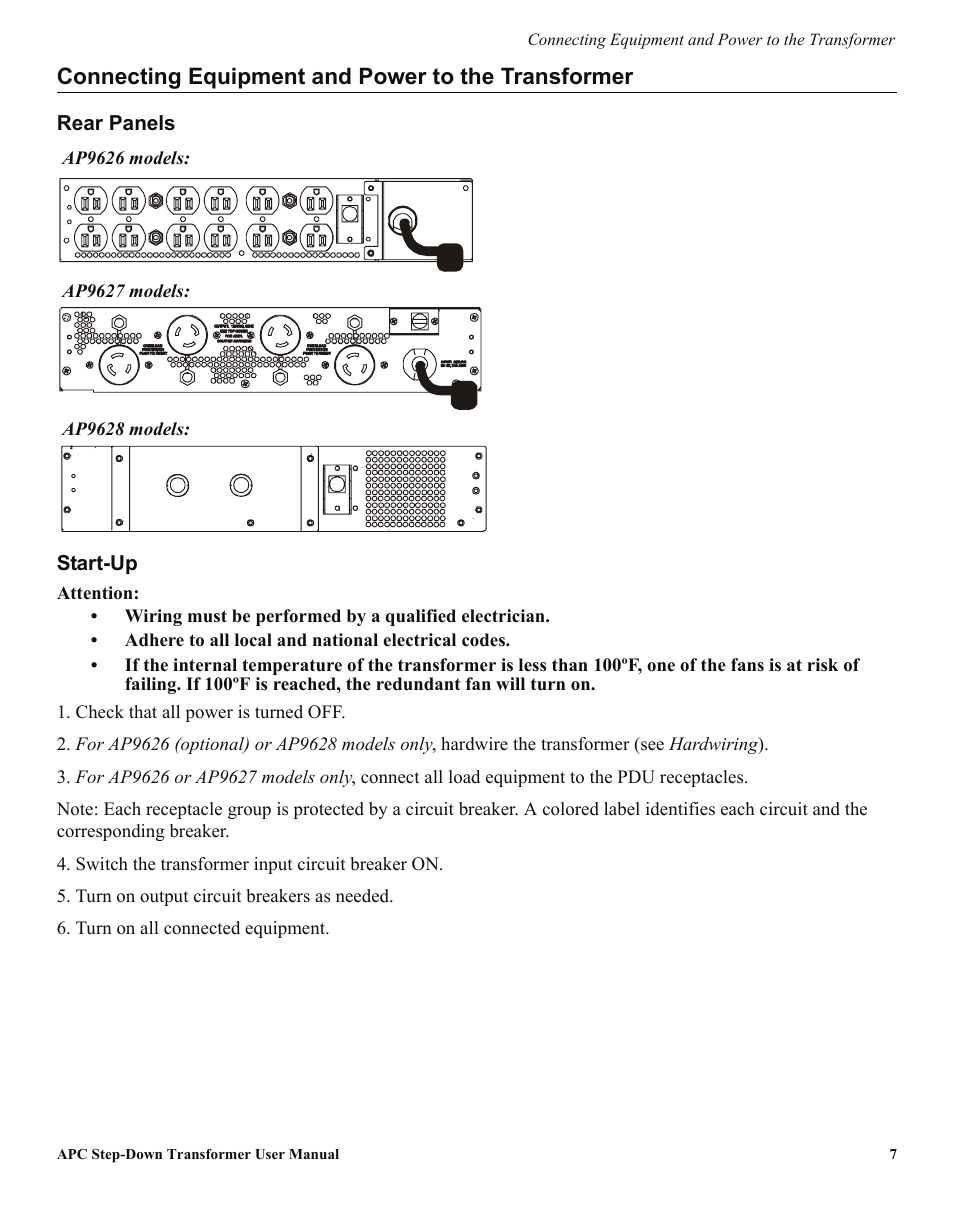 Connecting equipment and power to the transformer | APC Step-Down Transformer AP9628 User Manual | Page 7 / 10