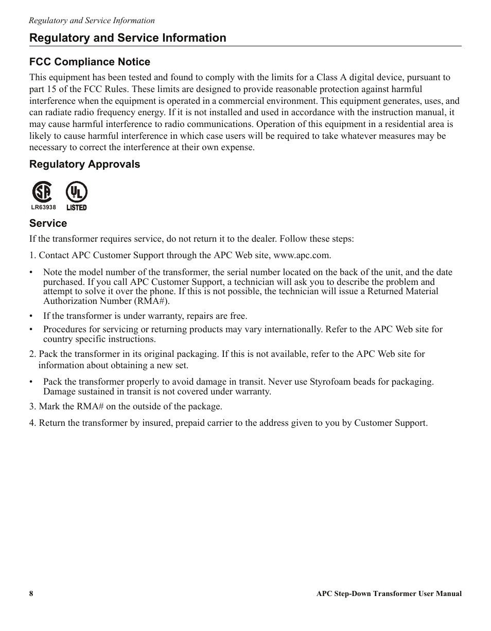 Regulatory and service information | APC Step-Down Transformer AP9628 User Manual | Page 8 / 10