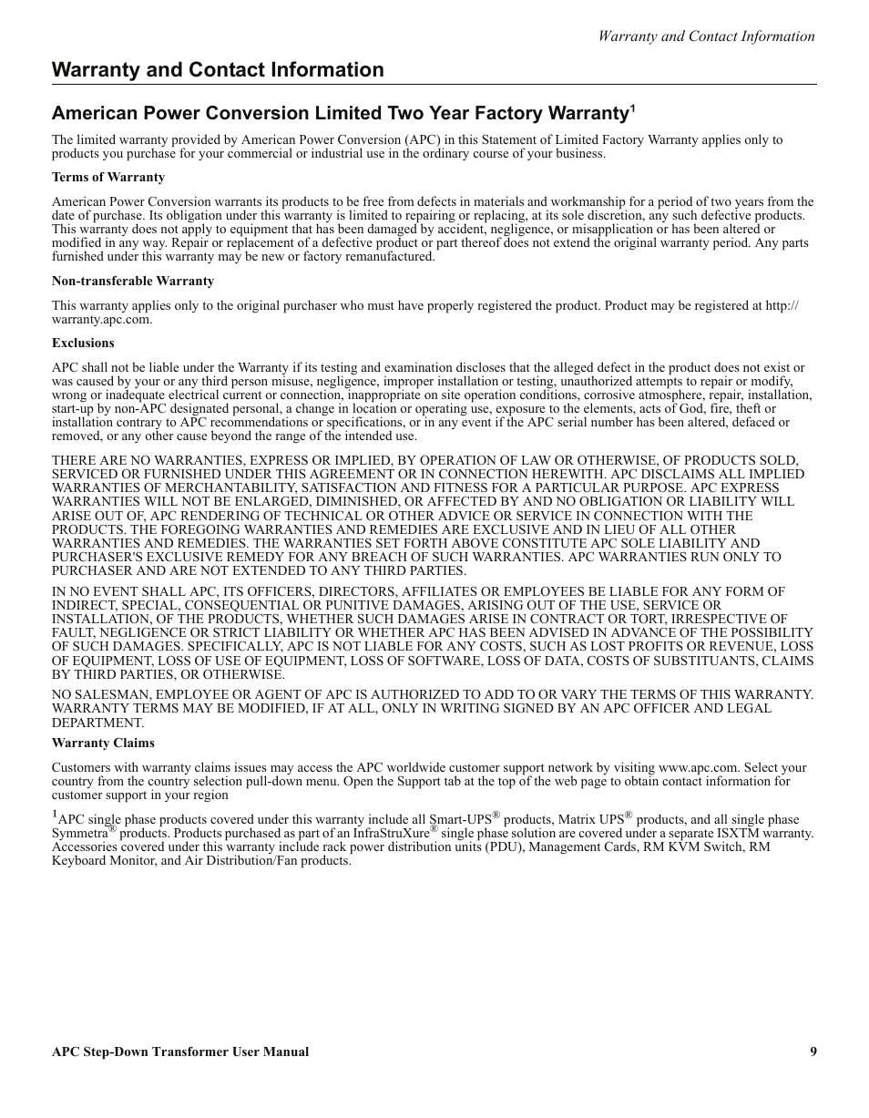 Warranty and contact information | APC Step-Down Transformer AP9628 User Manual | Page 9 / 10