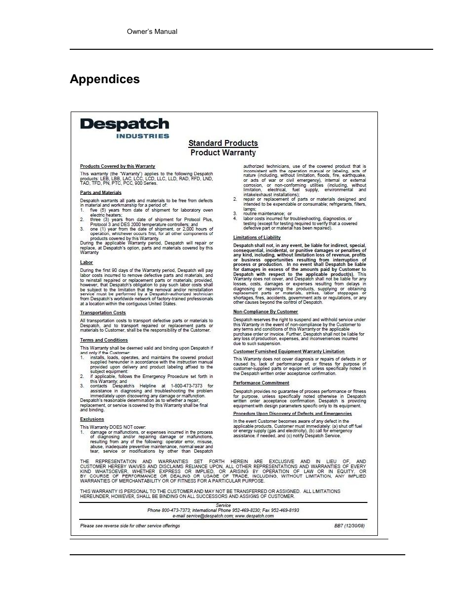 Appendices, Standard products warranty | Despatch RAD Series User Manual | Page 35 / 58