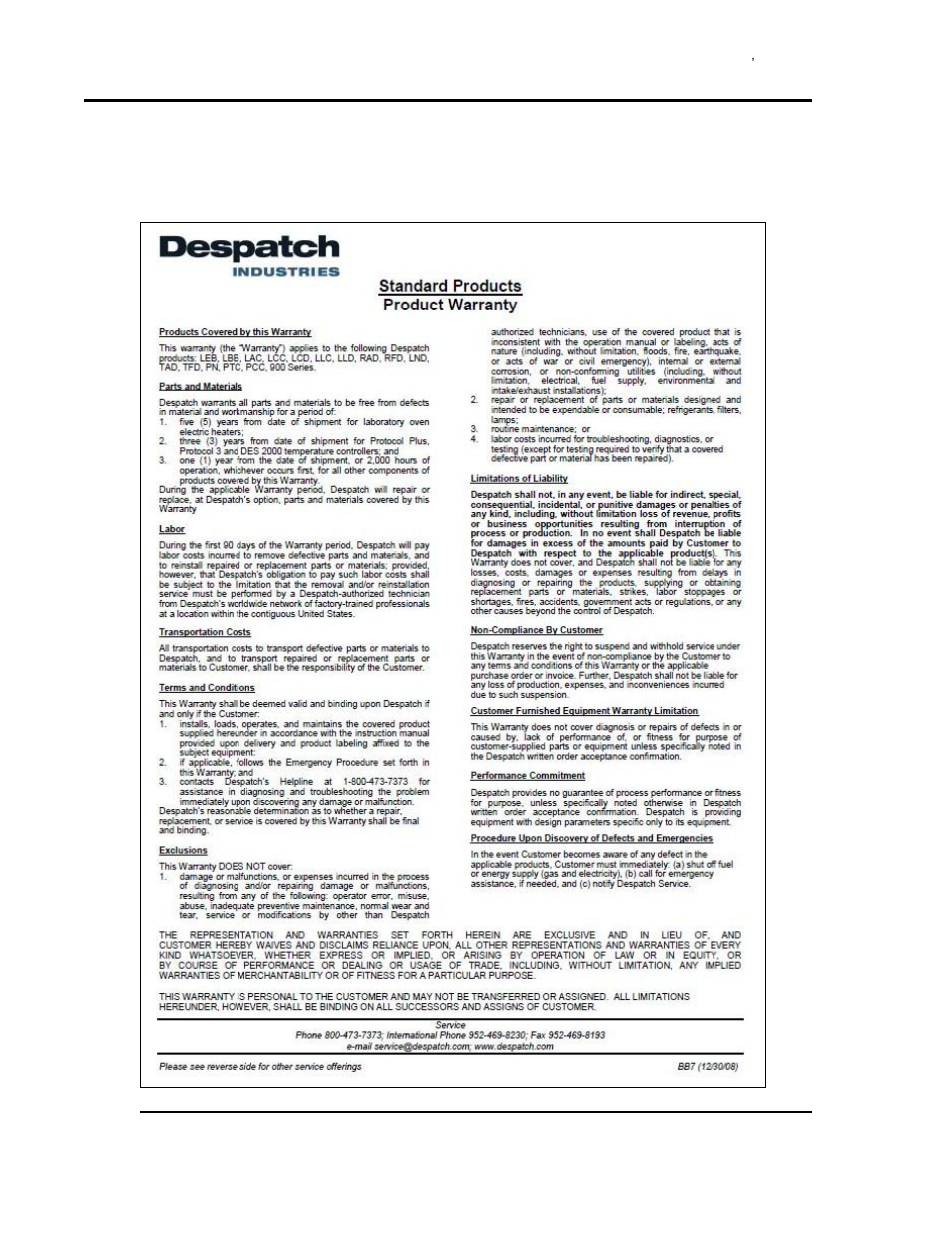 Appendices, Standard products warranty | Despatch RAD1-42 -2E with Protocol 3 User Manual | Page 30 / 38